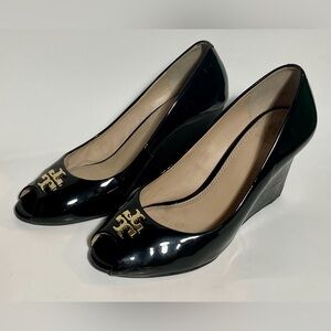Tory Burch Jade 85MM Open Toe Black Patent Leather Wedge